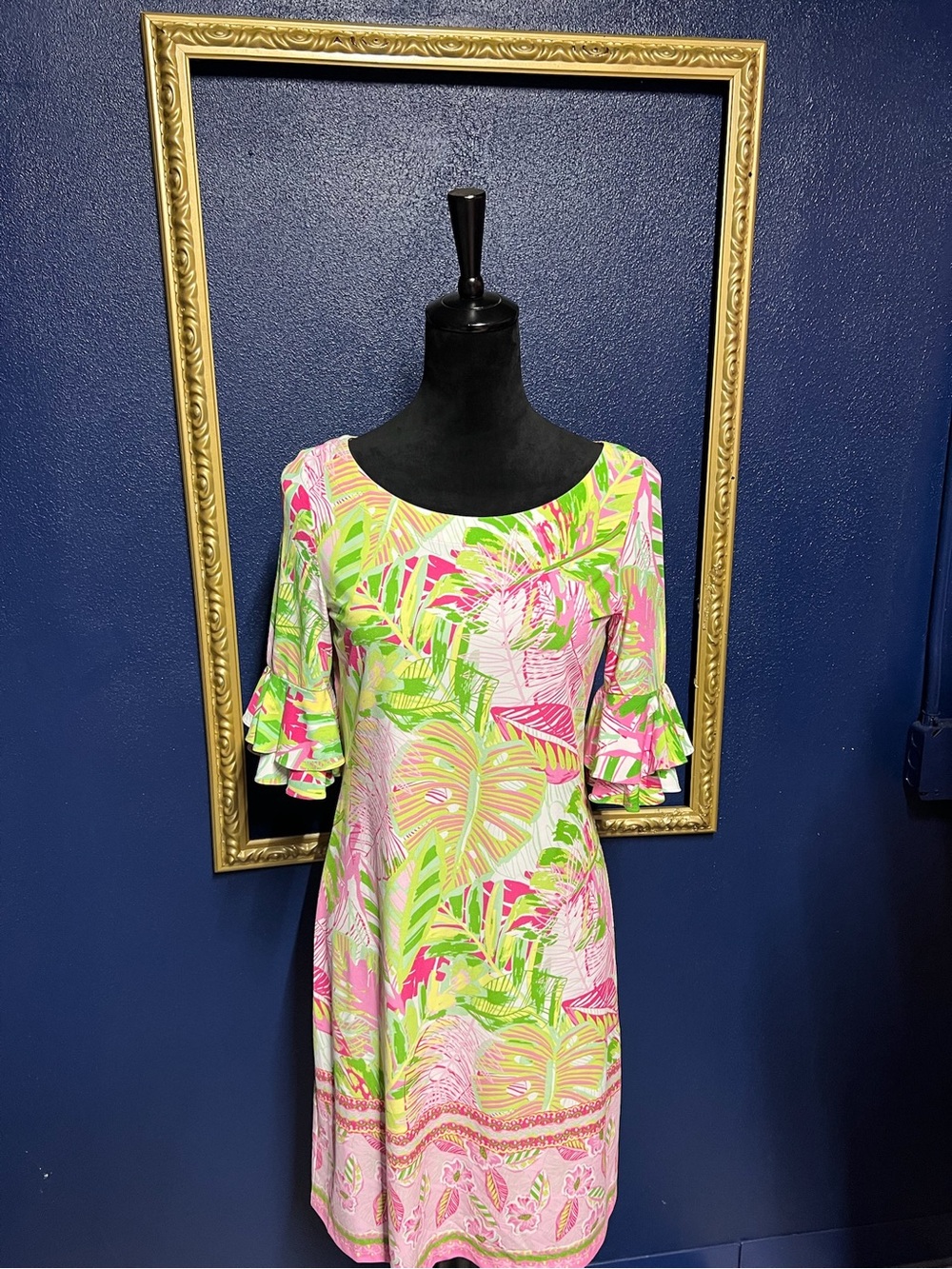 Pink & Green Tropical-Print Ruffle-Sleeve Midi Dress